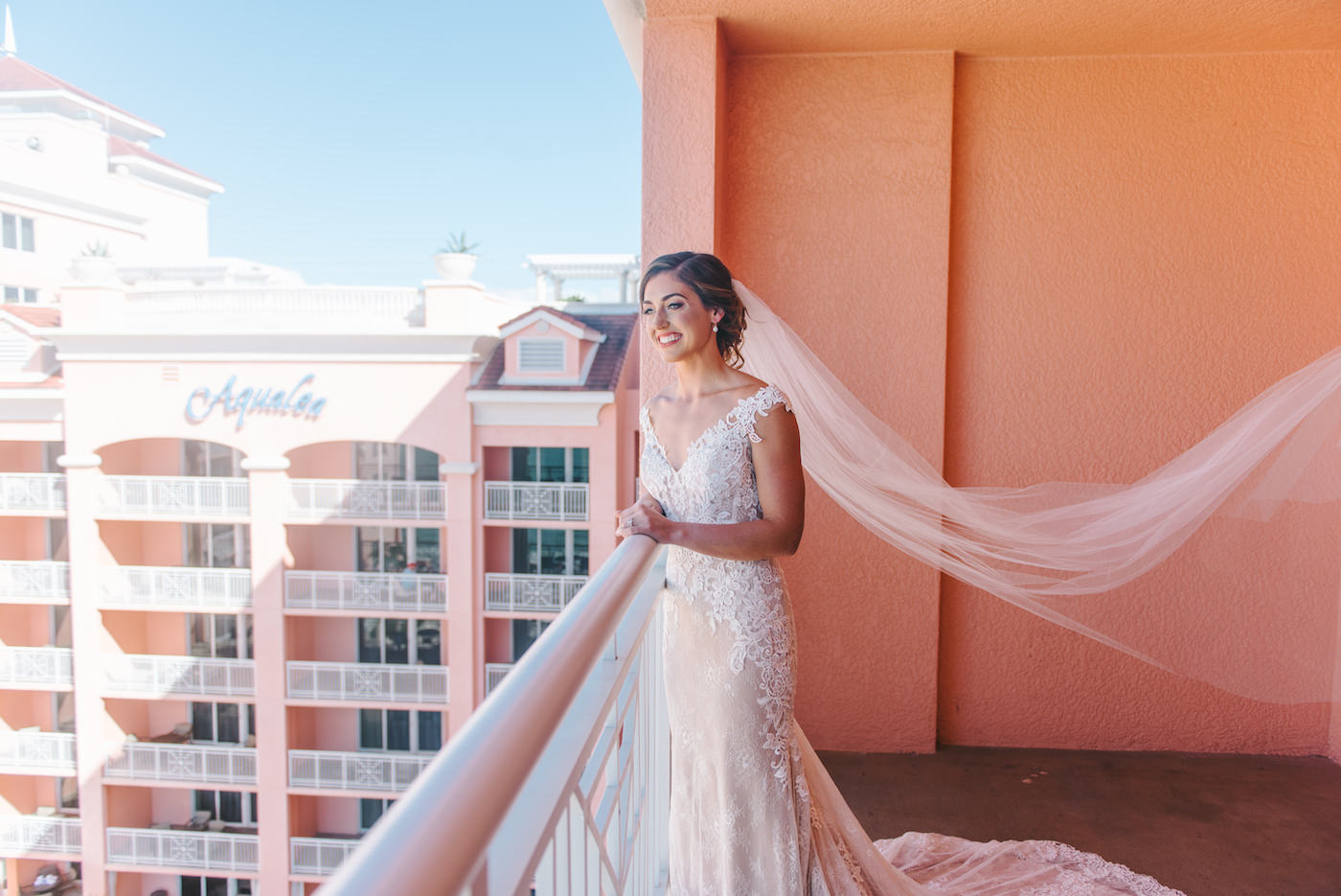 Clearwater Beach Wedding Venue The Hyatt Regency Clearwater Beach | Ivory and Champagne Lilian West Sheath Wedding Dress Bridal Gown with V Neck Off The Shoulder Straps, Scalloped Edge Train and Long Cathedral Veil | Tampa Bay Wedding Photographer Kera Photography