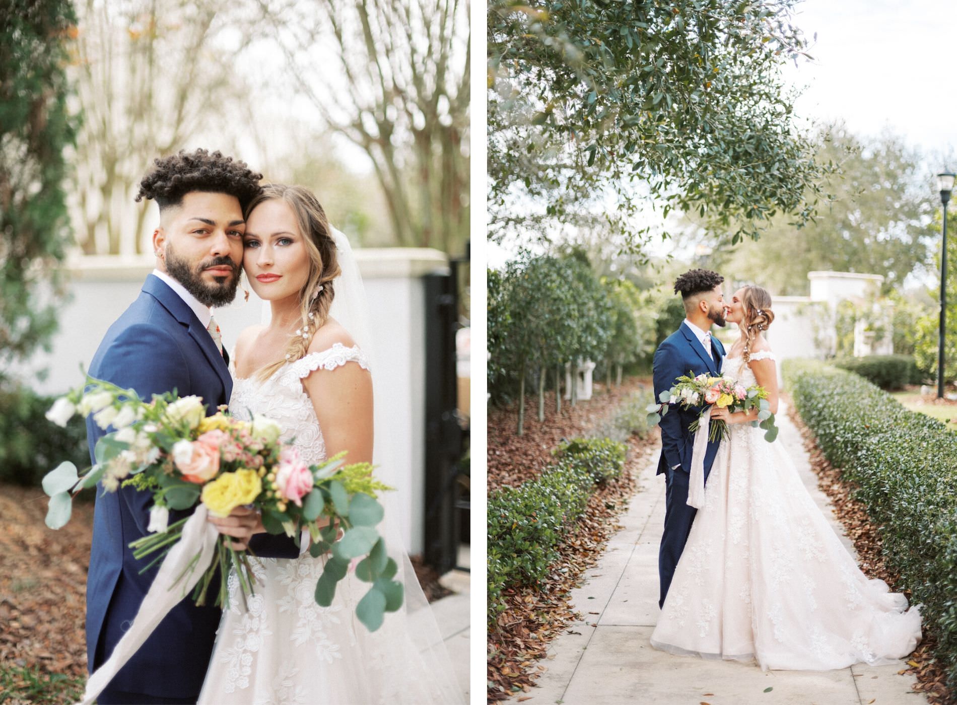 Tampa Styled Shoot European Pastel Spring Wedding Inspiration | Bride and Groom Outdoor Garden Portraits | Lace Ball Gown Wedding Dress Truly Forever Bridal