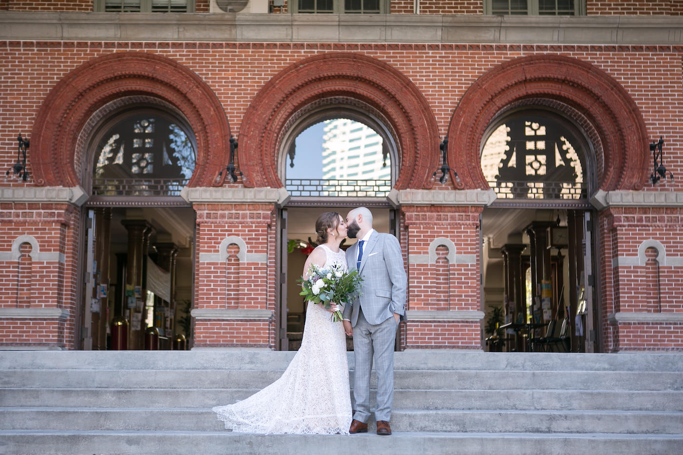 Florida Bride and Groom Portrait On Steps of The University of Tampa | Wedding Photographer Carrie Wildes Photography | Wedding Florist Monarch Events and Design