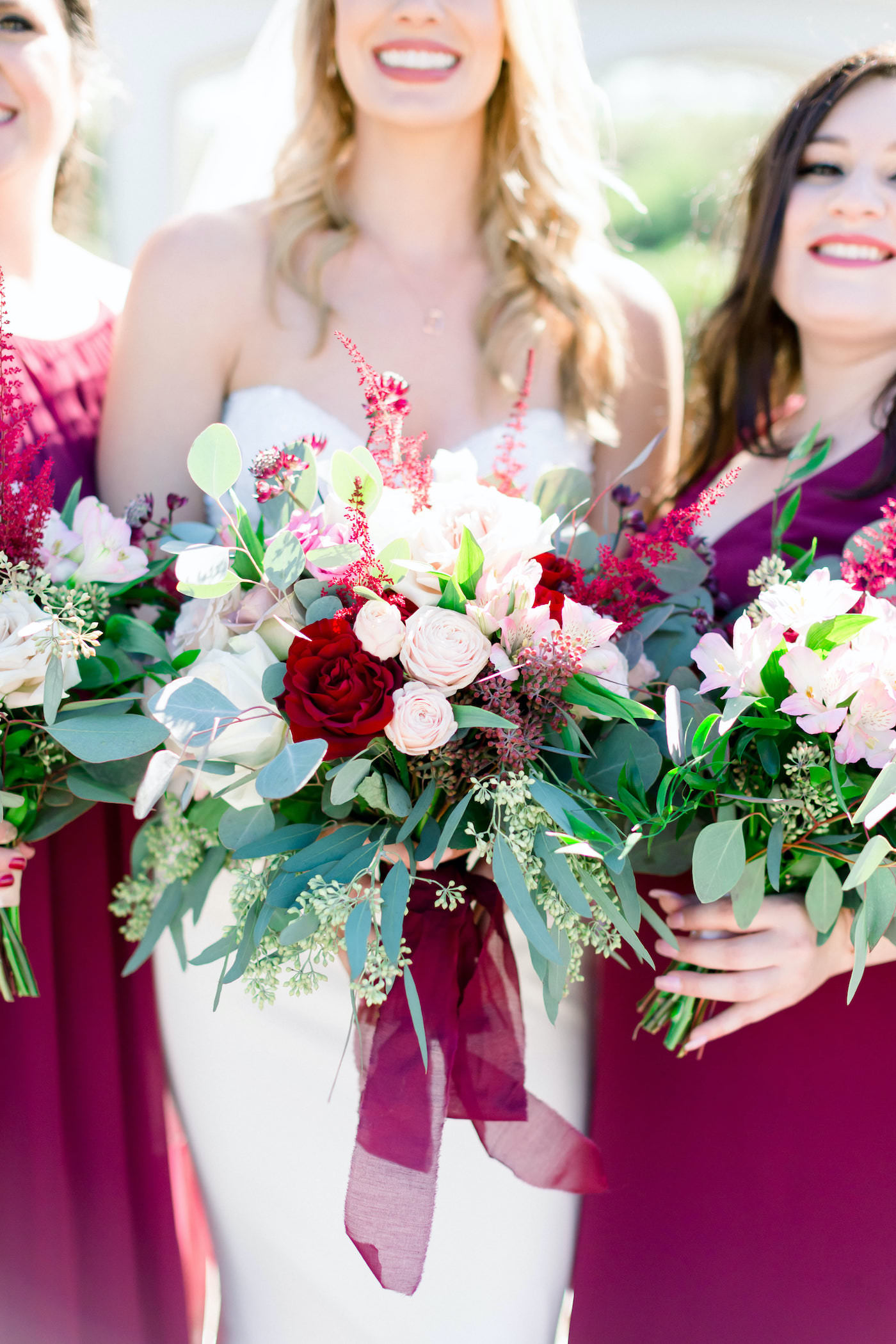 Burgundy and Blush Pink Wedding Bridal Bouquet with Roses and Astilbe and Seeded Eucalyptus Greenery | Shauna and Jordon Photography