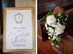 Classic Traditional Wedding Ceremony Decor, Gold Frame Welcome Sign with Personalized Monogram, White Roses and Hydrangeas and Greenery Floral Bouquet on Church Pew | Tampa Bay Wedding Planner Parties A'la Carte