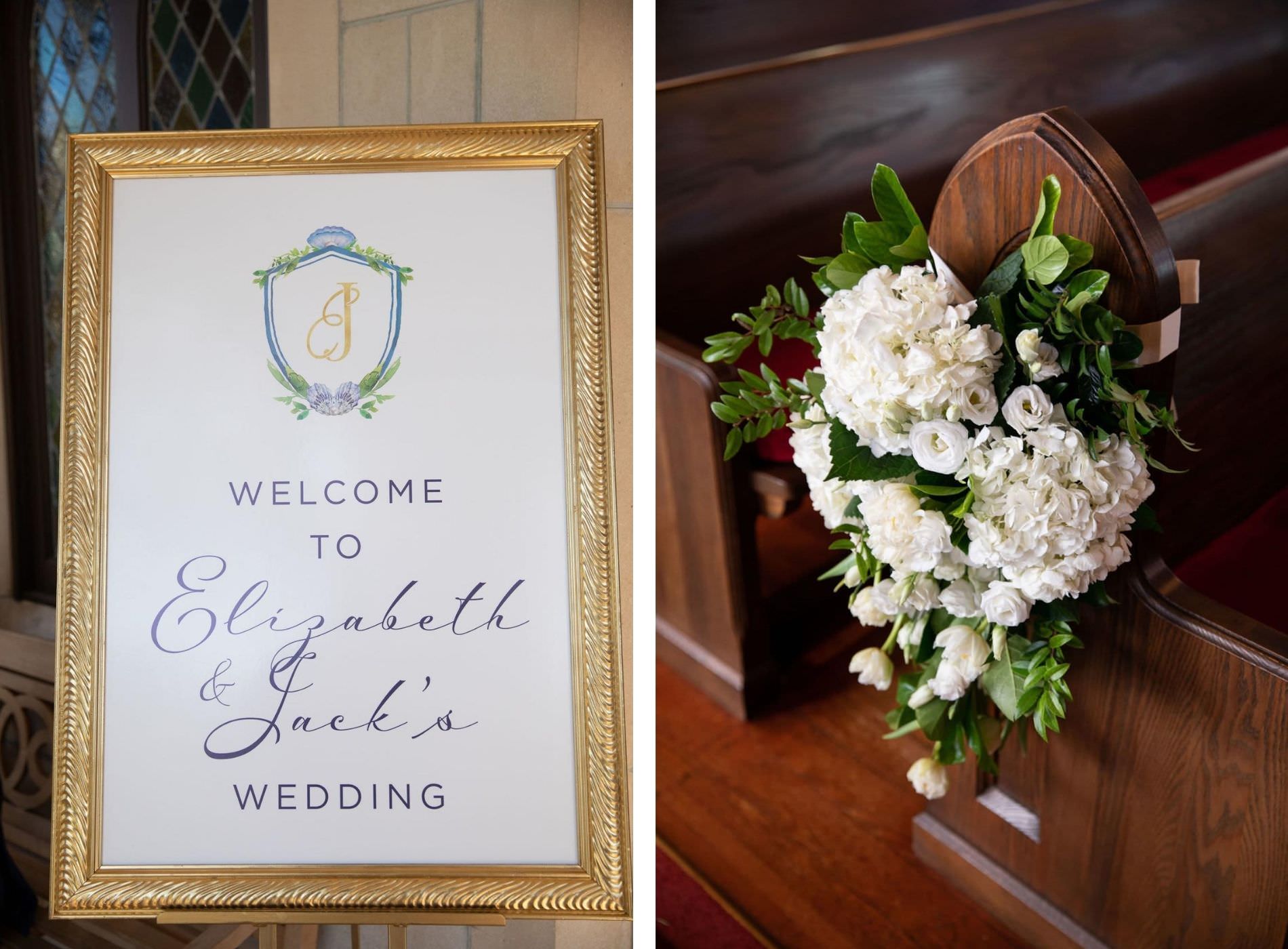 Classic Traditional Wedding Ceremony Decor, Gold Frame Welcome Sign with Personalized Monogram, White Roses and Hydrangeas and Greenery Floral Bouquet on Church Pew | Tampa Bay Wedding Planner Parties A'la Carte