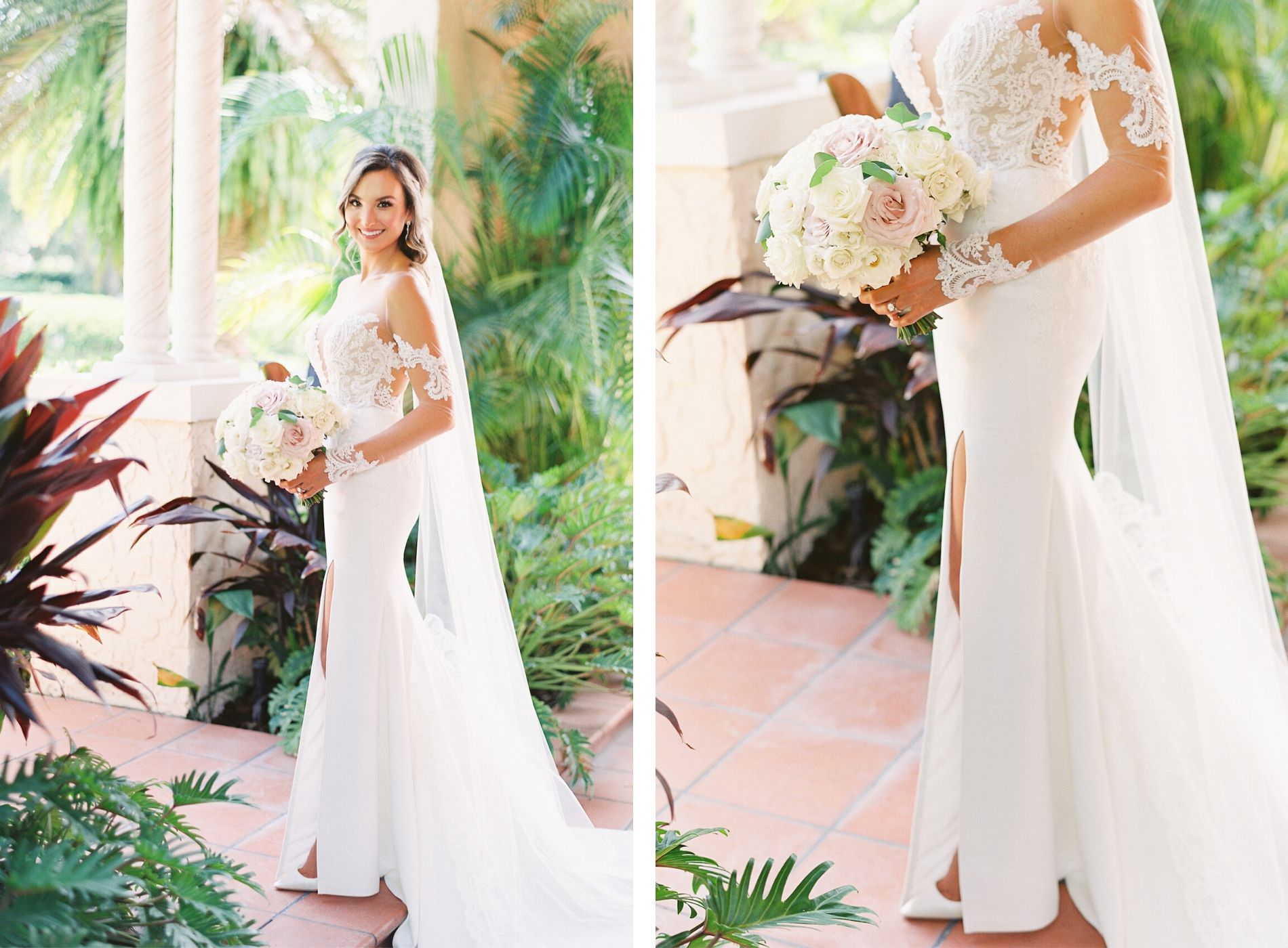 Ines di Santo Designer Bridal Gown Illusion Lace Sexy Wedding Dress | Tampa Wedding Venue Avila Golf & Country Club | White and Blush Pink Round Rose Bridal Bouquet | Isabel O'Neil Bridal Collection