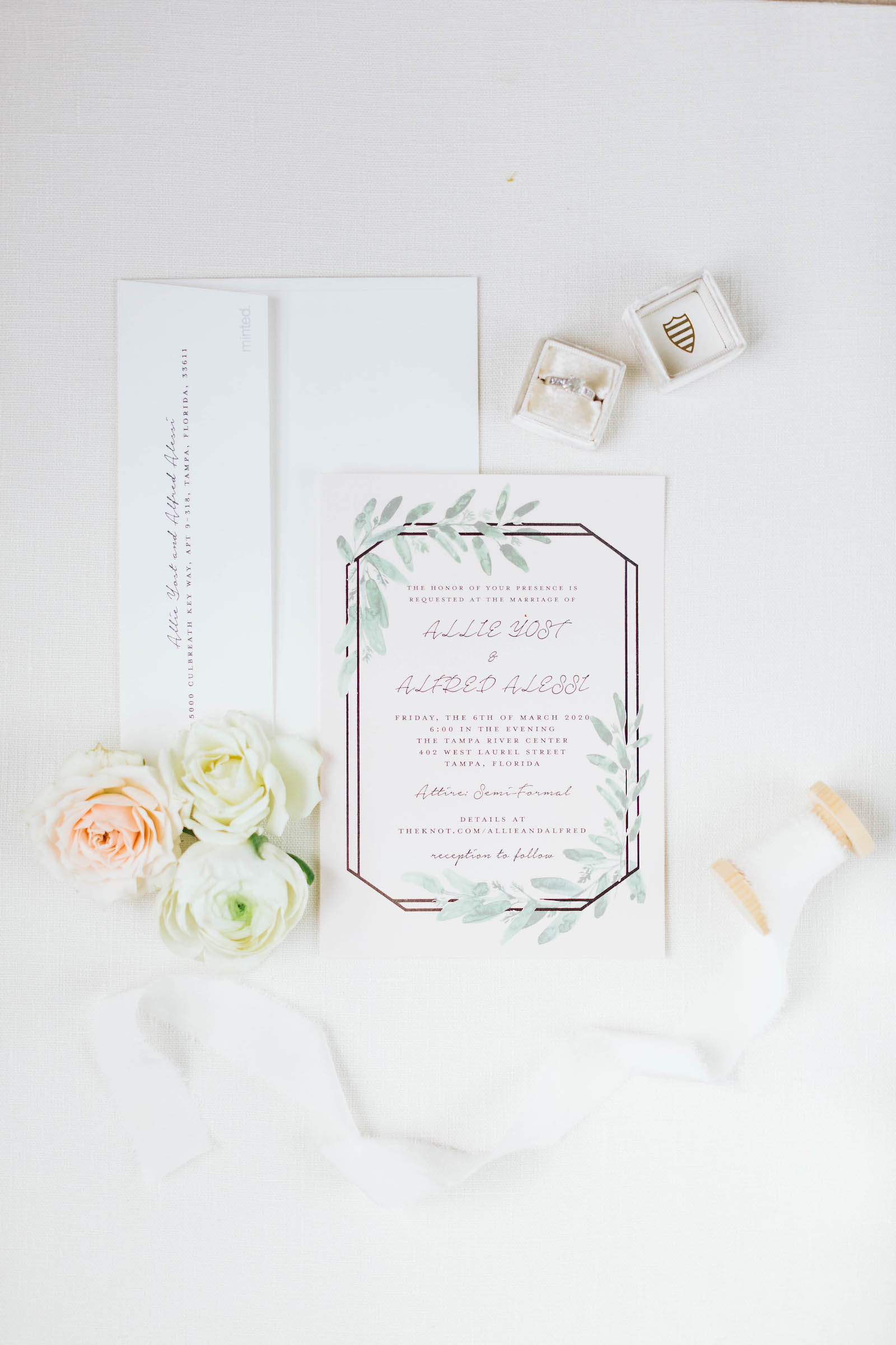 Boho Chic with Watercolor Greenery Leaves and Geometric Frame Wedding Invitation, Engagement Ring in Velvet The Mrs Box