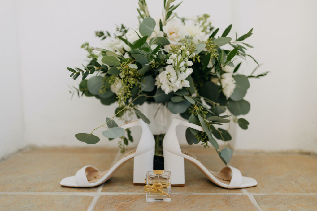 Classic Florida Wedding Bouquet with Ivory Flowers and Greenery, and White Bridal Shoes with haute couture designer perfume by Yves Saint Laurent Libre Eau De Parfum