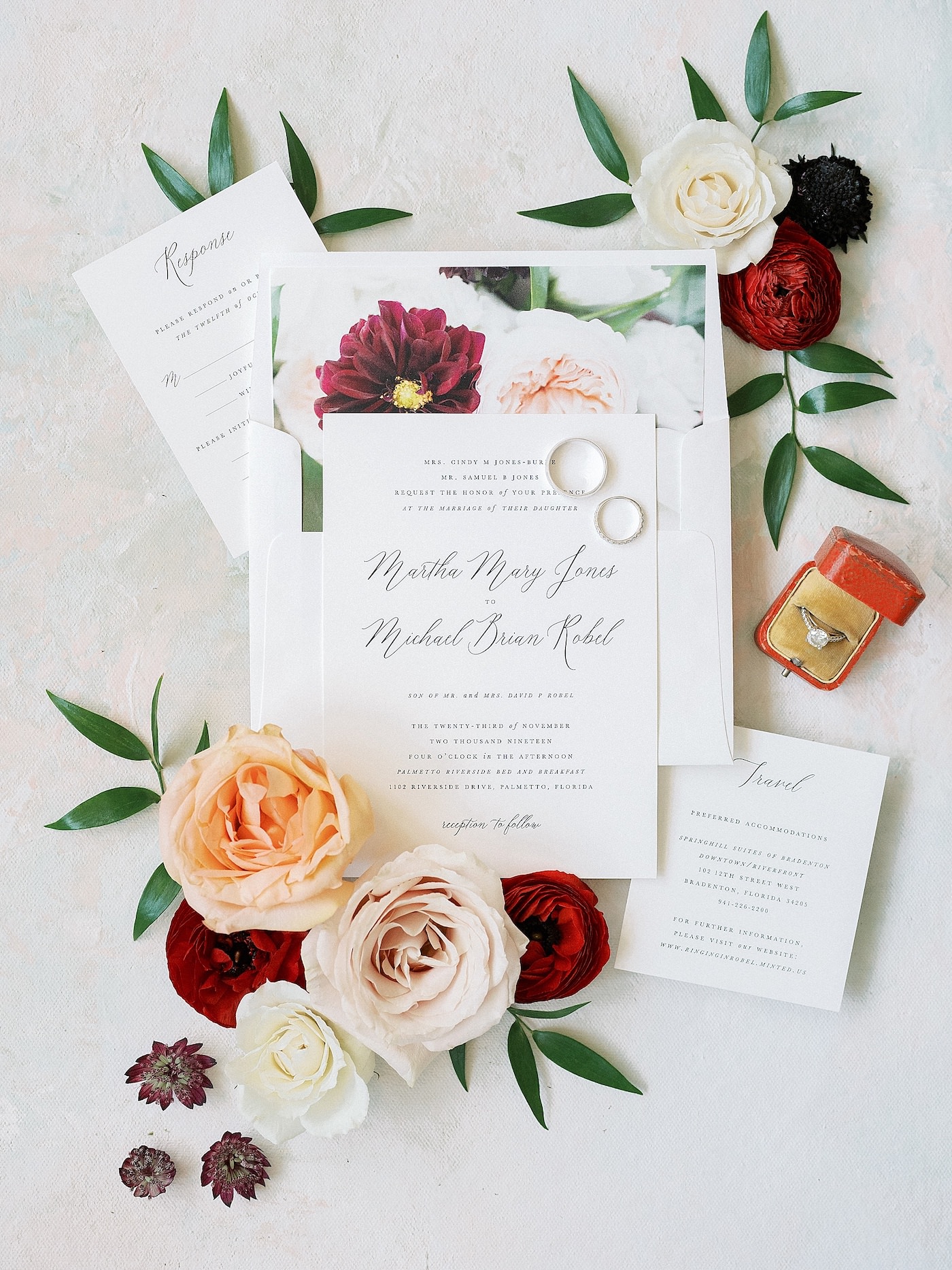 Wedding Invitation Suite Flay Lay Shot | Fall Autumn Wedding Stationery with Floral Envelope Liner and Traditional Calligraphy | Brides N Blooms