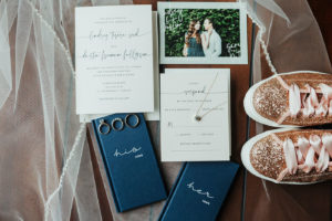 Classic and Elegant White and Navy Blue Wedding Invitation Suite with His and Hers Vow Books, Engagement and Wedding Rings, Rose Gold Glitter Bridal Sneakers and Custom Photo Save the Date