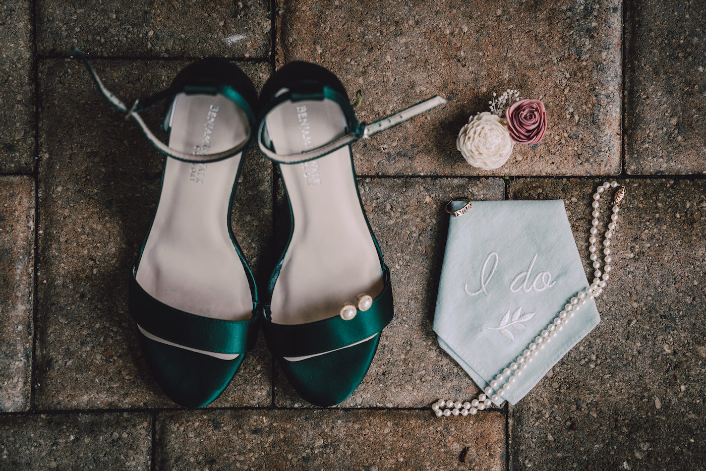 Wedding Accessories Flat Lay Photo | Emerald Green Satin Wedding Bridal Shoes with Embroidered I Do Handkerchief and Pearls