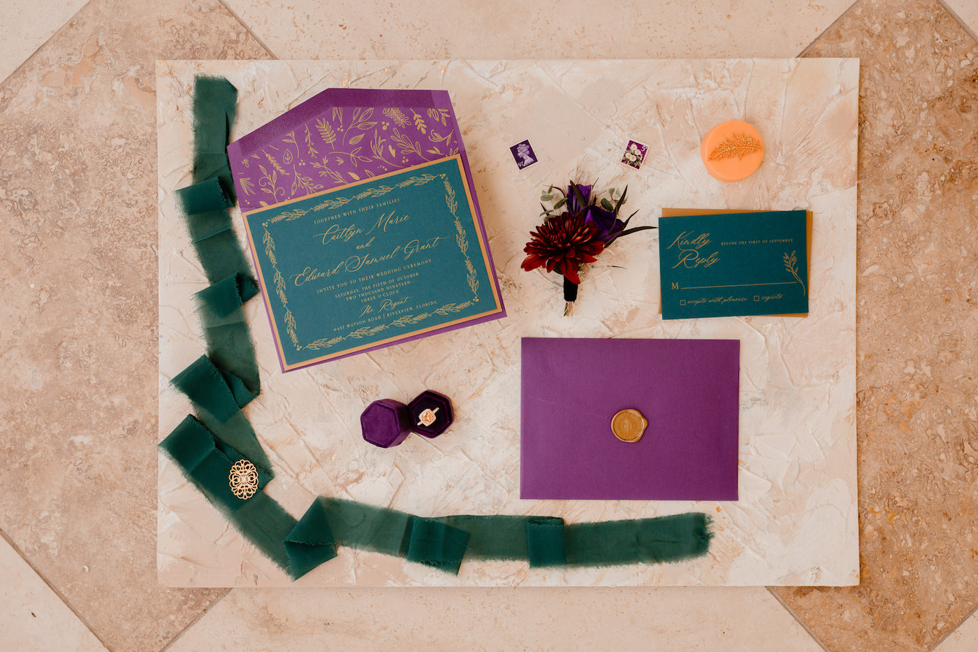 Boho Glam Wedding Stationery Suite | Teal Turquoise Wedding Invitation with Purple Envelope and Gold Calligraphy