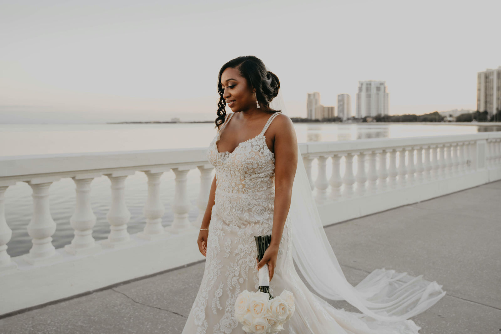 Outdoor Bridal Portrait on Bayshore | All White Rose Bridal Bouquet | Mori Lee Ivory Lace over Champagne Lining Spaghetti Strap V Neck Mermaid Bridal Gown with Long Cathedral Veil