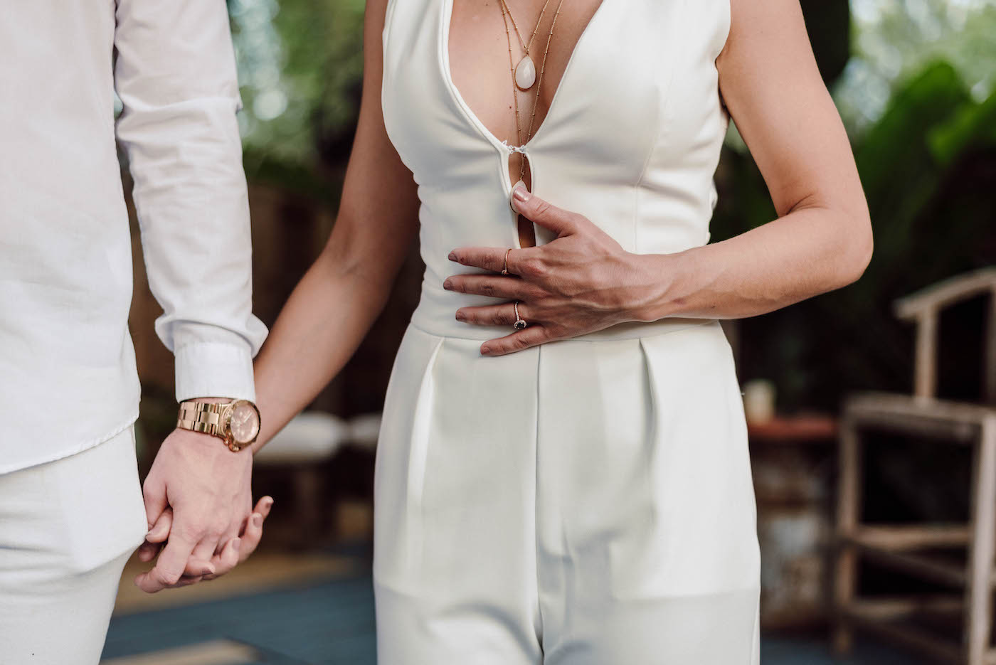 Bride and Groom Outdoor Wedding Portrait | Ivory White Bridal Jumpsuit | Casual Groom White Shirt and Pants