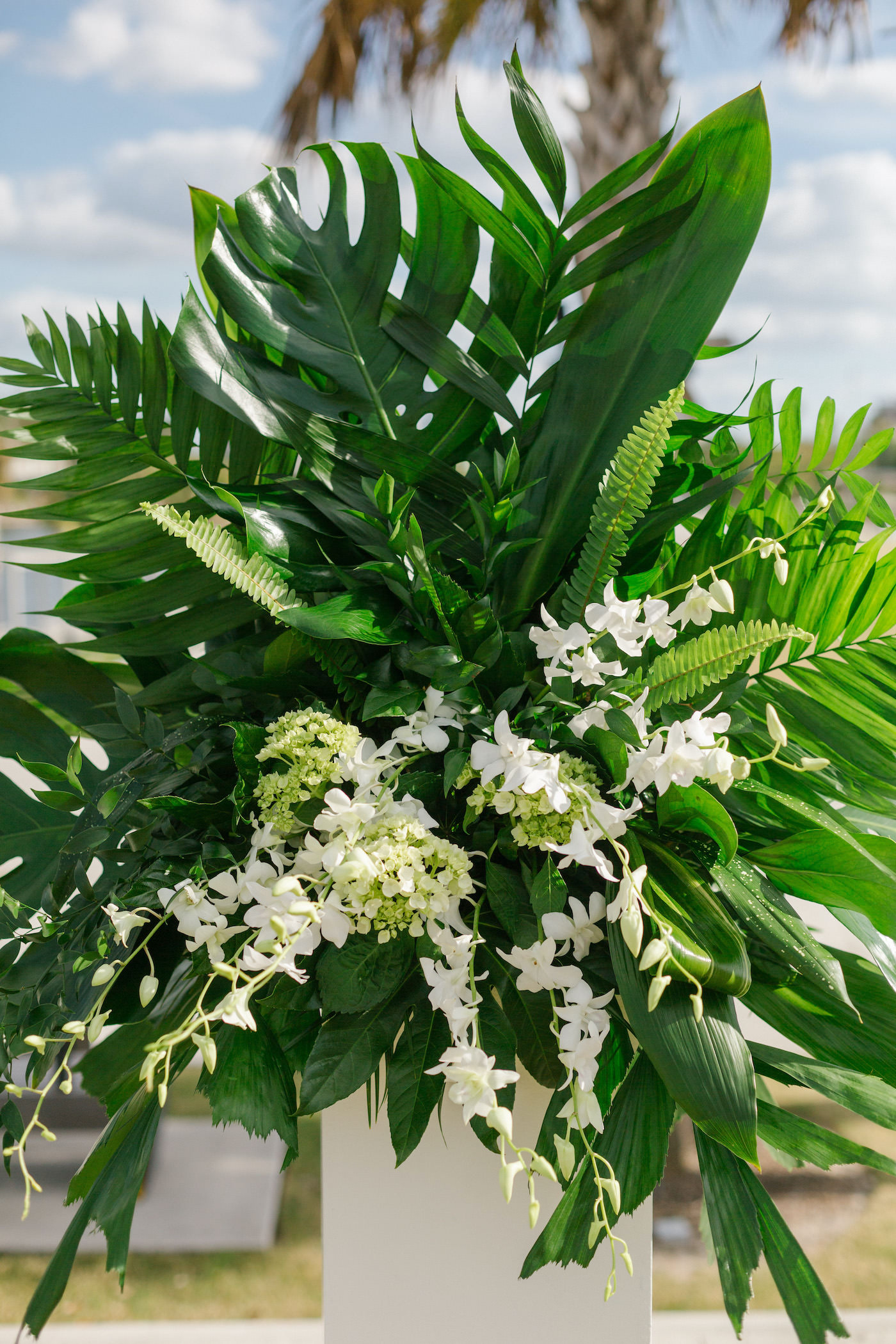 Tampa Wedding Florist Bruce Wayne Florals | Tropical Florida Wedding Ceremony Floral Arrangement with Palm Leaves and Fern Greenery and White Orchids | Tampa Wedding Florist Bruce Wayne Florals