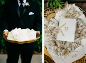 Sarasota Wedding Details, Elegant Florida Wedding Program with Ivory Ribbon, on Gold serving Tray | NK Weddings