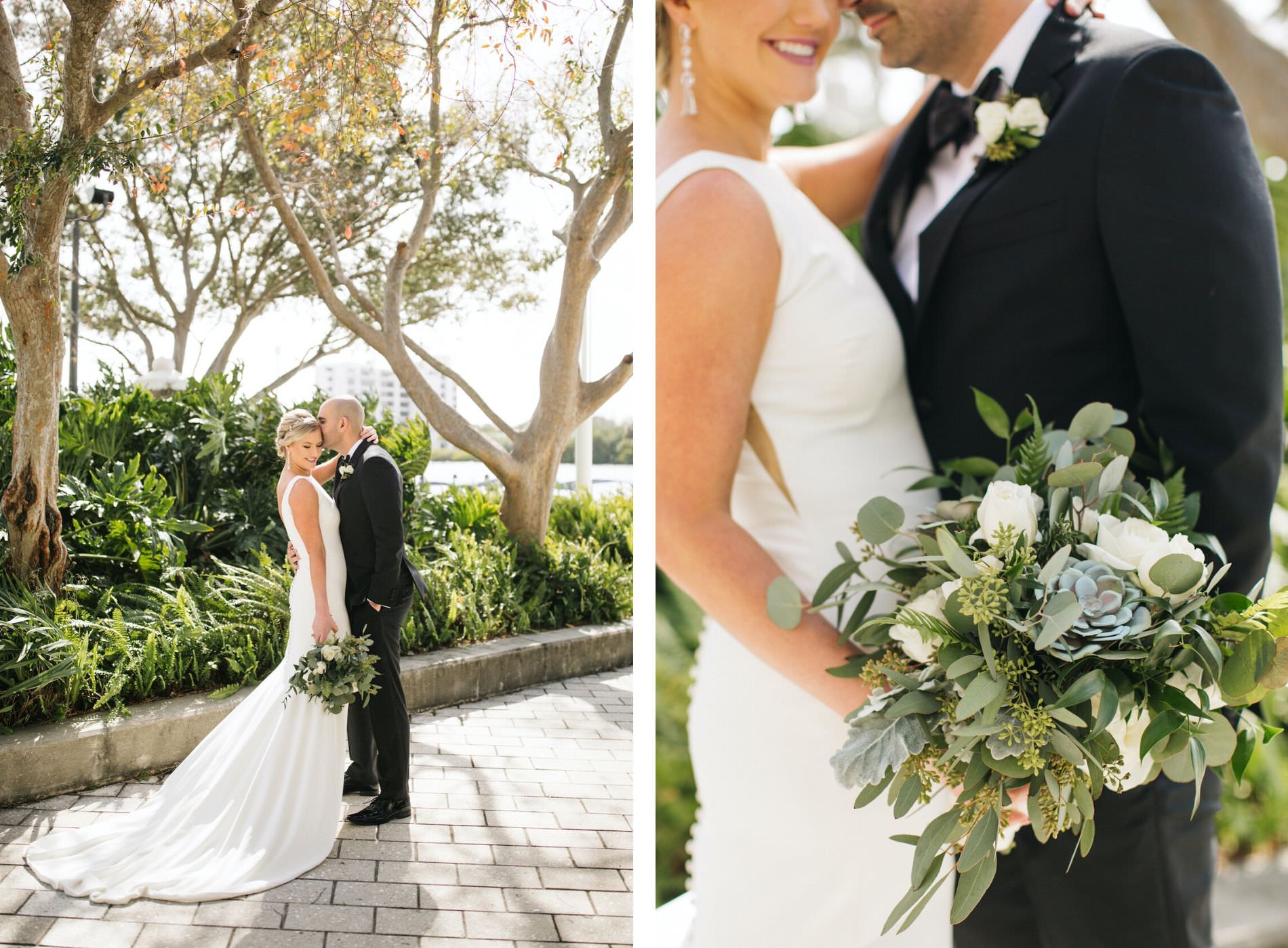 Bride and Groom Outdoor Portrait | Simple Sheath Ivory Crepe Bateau Neck Bridal Gown by Theia | Groom in Classic Black Tux Suit with Bow Tie | Natural Loose Greenery Bridal Bouquet with Eucalyptus and Succulents and White Roses