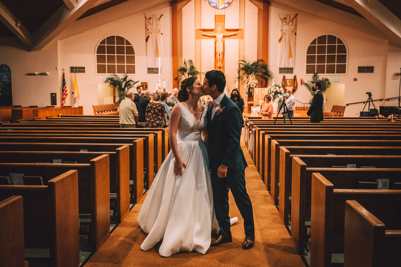 Bride and Groom Walking Down the Aisle after Catholic Ceremony | COVID Quarantine Social Distance Wedding Intimate Ceremony