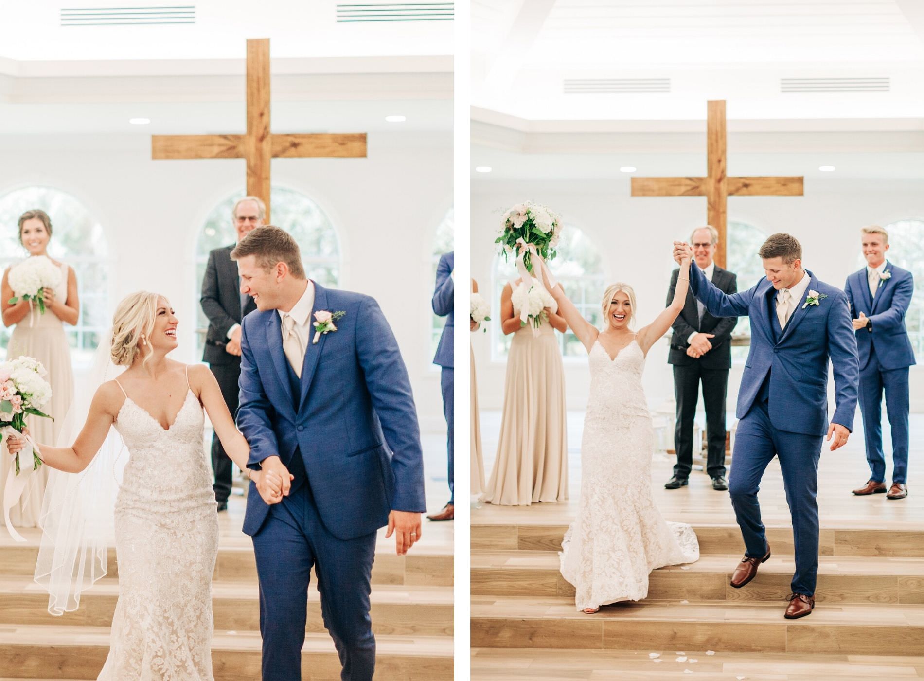 Bride and Groom Ceremony Exit After Being Pronounced Husband and Wife | Groom in Navy Blue Suit | Ivory and Champagne Lace Bridal Gown Wedding Dress