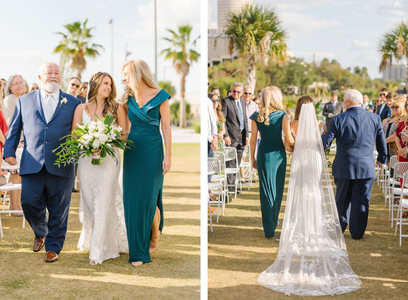 Bride Walking Down the Aisle with Mom and Dad during Outdoor Wedding Ceremony | Long Cathedral Lace Edge Veil | Tropical Tampa Wedding