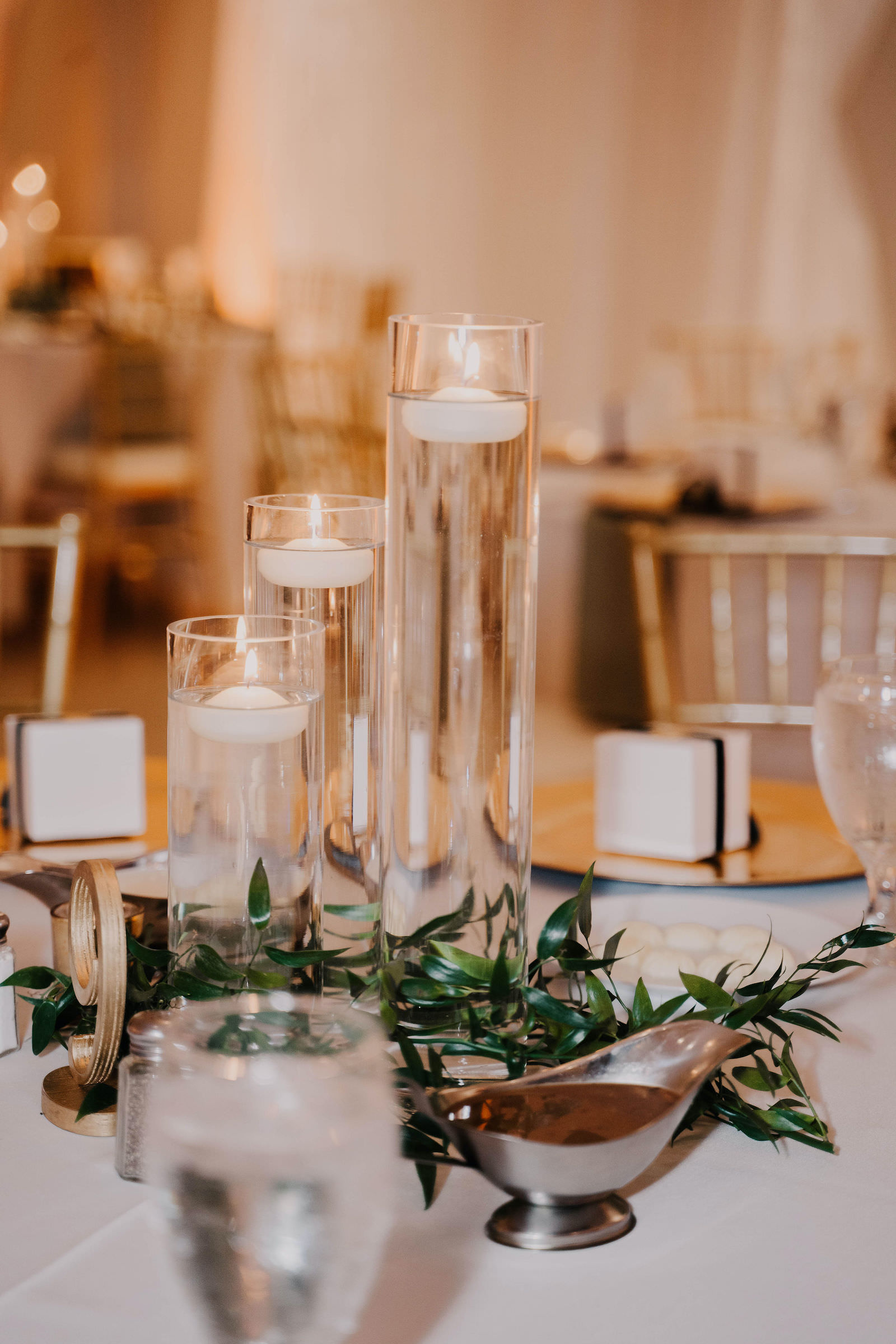 Wedding Centerpiece with Trio Glass Cylinder Floating Candles with Greenery