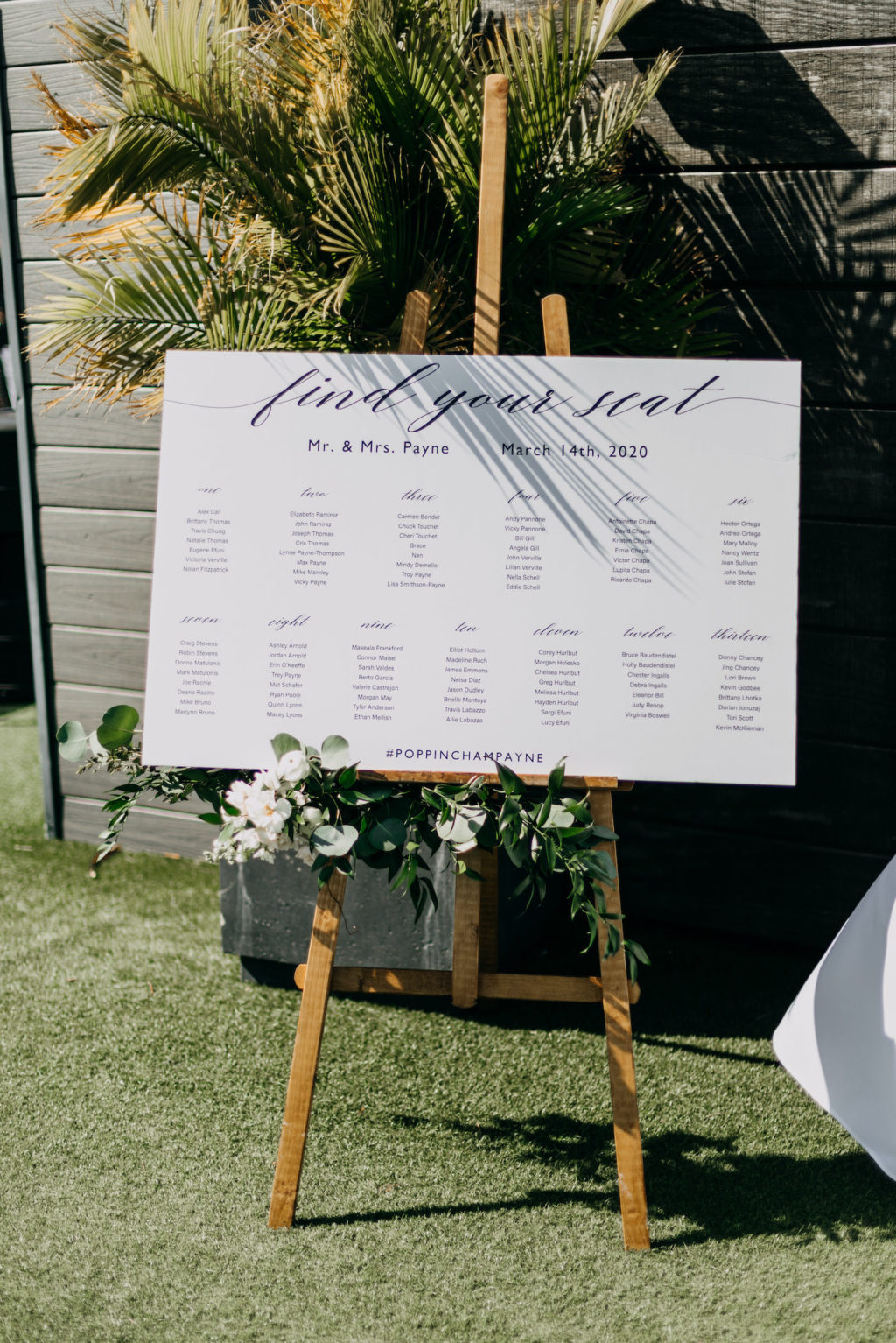 Classic Elegant Wedding Reception Decor, Wooden Easel with White Seating Chart and Greenery Garland and Ivory Flowers | St. Pete Wedding Venue Hotel Zamora | Wedding Planner Blue Skies Weddings and Events