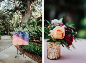 Whimsical Boho Colorful Acrylic, Peach, Purple and Blue Wedding Seating Chart with Eucalyptus and Low Floral Centerpiece, Peach and Burgundy Red Rose and Greenery Flower in Mercury Gold Vase
