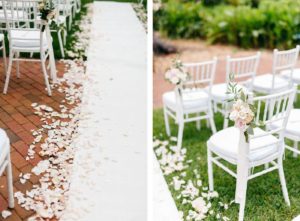 Romantic, Garden Inspired Wedding Ceremony, Large Floral Decor, With Gold Vases, Blush Pink Florals with Greenery, White Flower Petals Down Aisle with Runner, White Chiavari Chairs | Florida Wedding Planner NK Weddings | Marie Selby Botanical Gardens