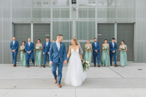 Boho Chic Bride, Groom and Wedding Party,, Bridesmaids in Matching Green Dresses, Groomsmen in Blue Suits