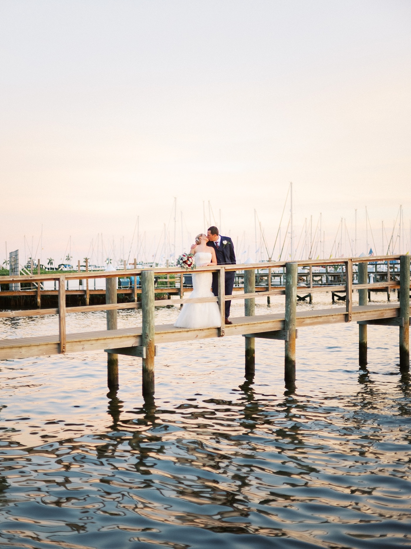 Bride and Groom Outdoor Dock Portrait | Florida Fall Autumn Waterfront Wedding | Bride and Groom Sunset Portrait
