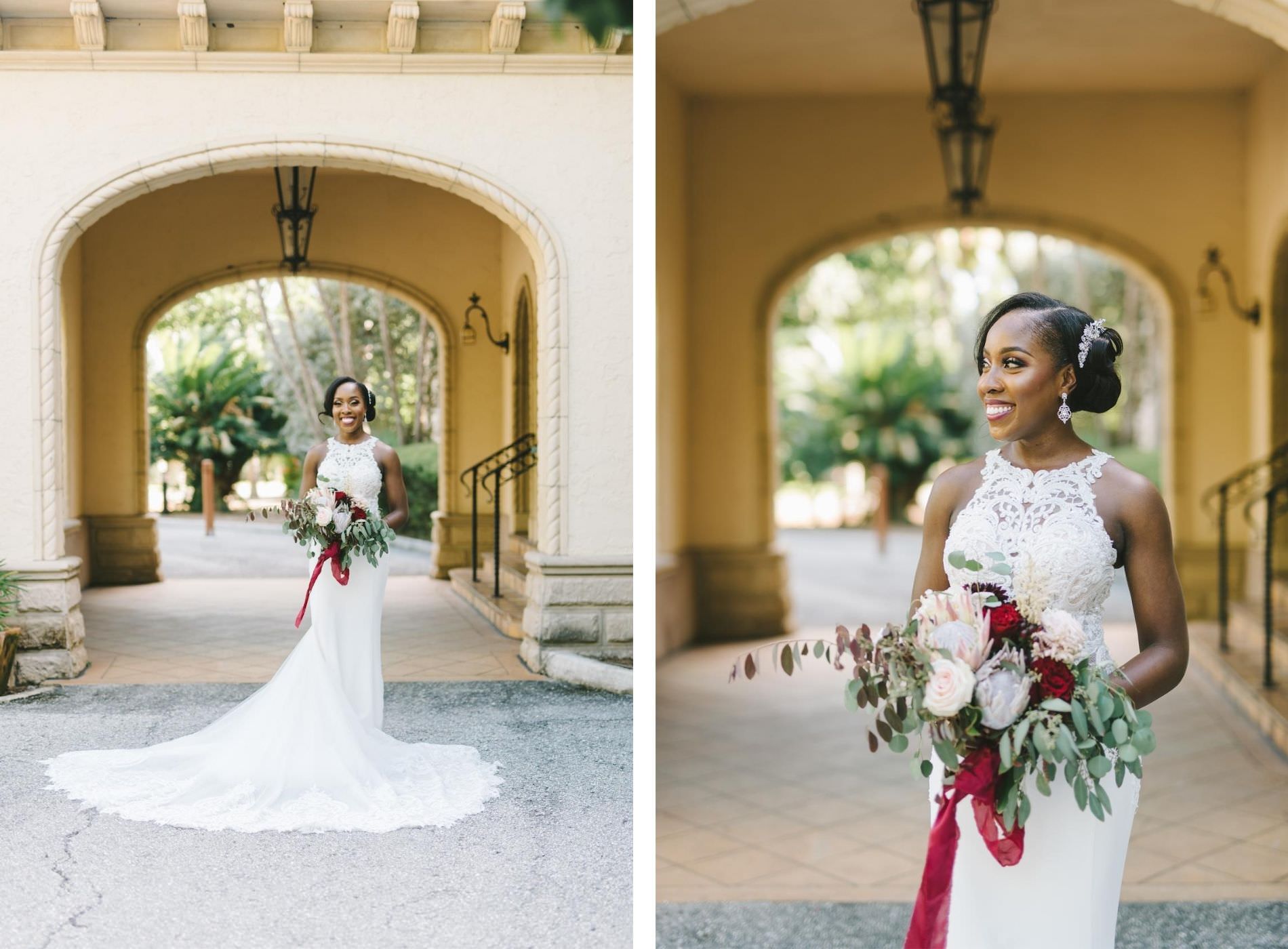 Romantic Florida Bride Wedding Portrait Outside Historic Powel Crosley Estate in Sarasota, Bride Holding Romantic Bridal Bouquet with Blush Pink King Protea, Red Roses, Burgundy Bow, Eucalyptus Leaf Greenery and Boysenberry, Wearing Fitted Halter Lace Wedding Dress | Tampa Bay Wedding Photographer Kera Photography