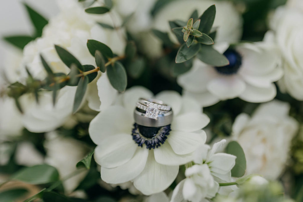 Diamond Engagement Ring with Brushed Wedding Band, Princess Cut Square Diamond, One White Anemone Flowers | Florida Wedding Details