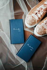 Navy Blue His and Hers Wedding Vow Books, Rose Gold Glitter Bridal Sneaker Shoes