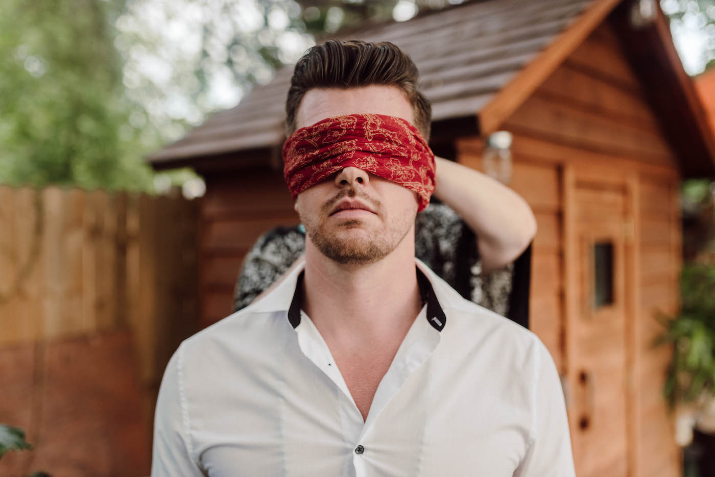 COVID Wedding Elopement Ceremony with Blindfold Groom for Bride and Groom First Look Touch