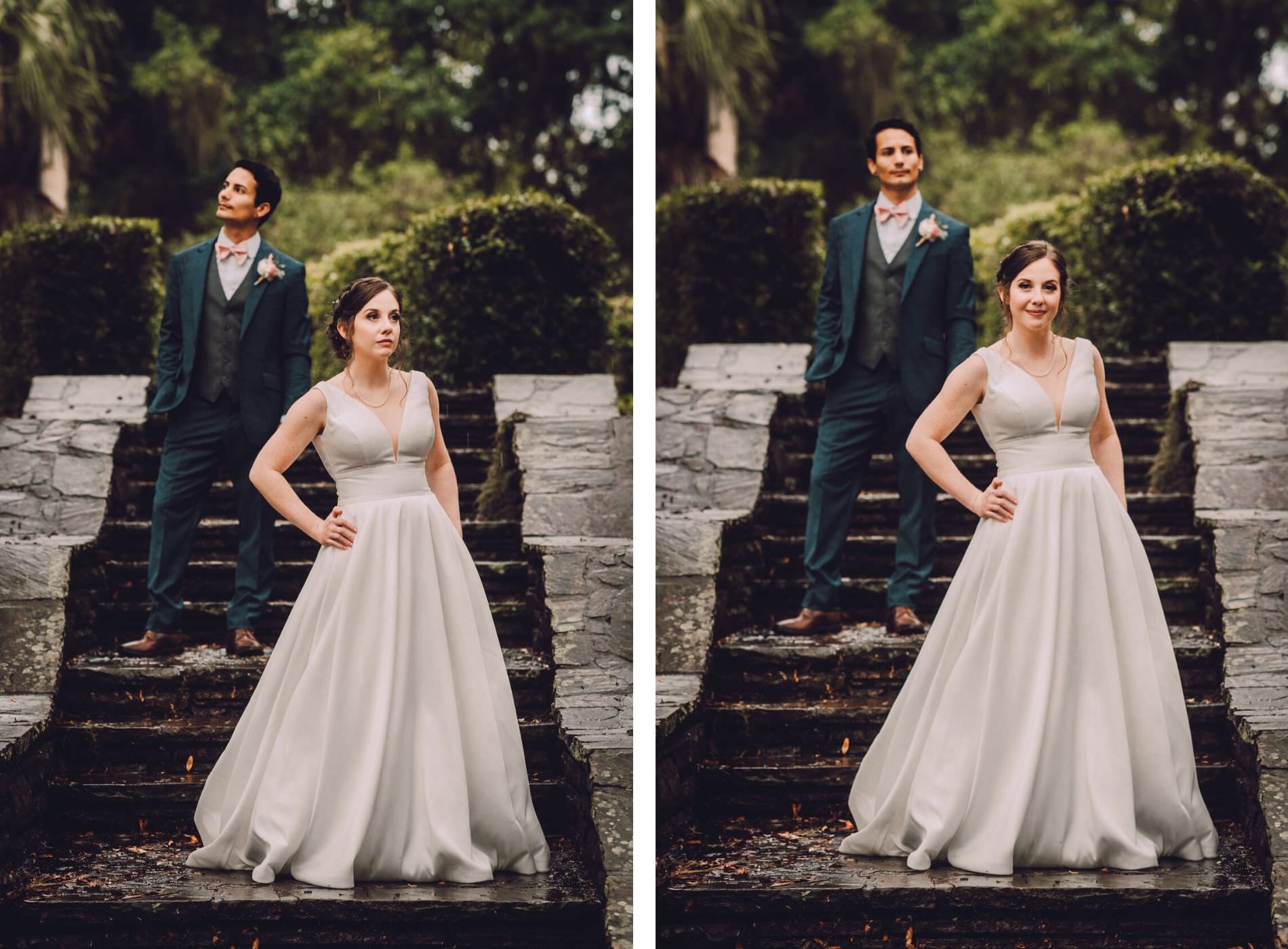 Bride and Groom Outdoor Staircase Portrait | Stella York Satin V Neck Simple Classic Low Back Bridal Gown A Line Ballgown | Navy Blue Suit Groom Suit with Grey Vest and Blush Pink Bow Tie