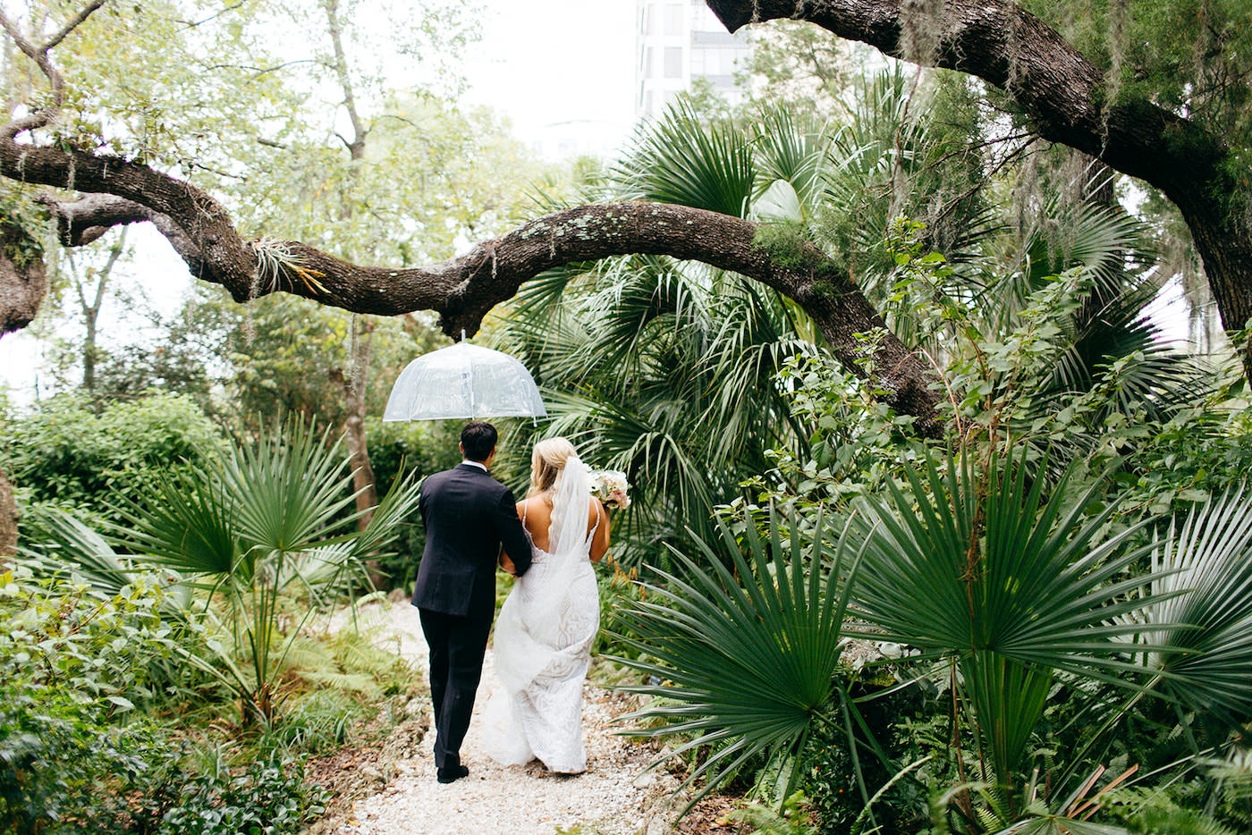 Florida Bride and Groom Strolling In the Rain, Under Clear Umbrella | Sarasota Wedding Planner NK Weddings | Marie Selby Botanical Gardens