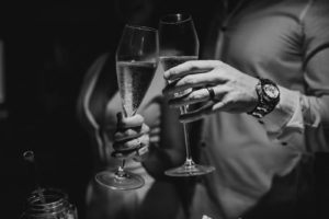 Black and White Wedding Photography | Intimate COVID Elopement Reception Dinner with Veuve Clicquot French Champagne | Bride and Groom Champagne Toast