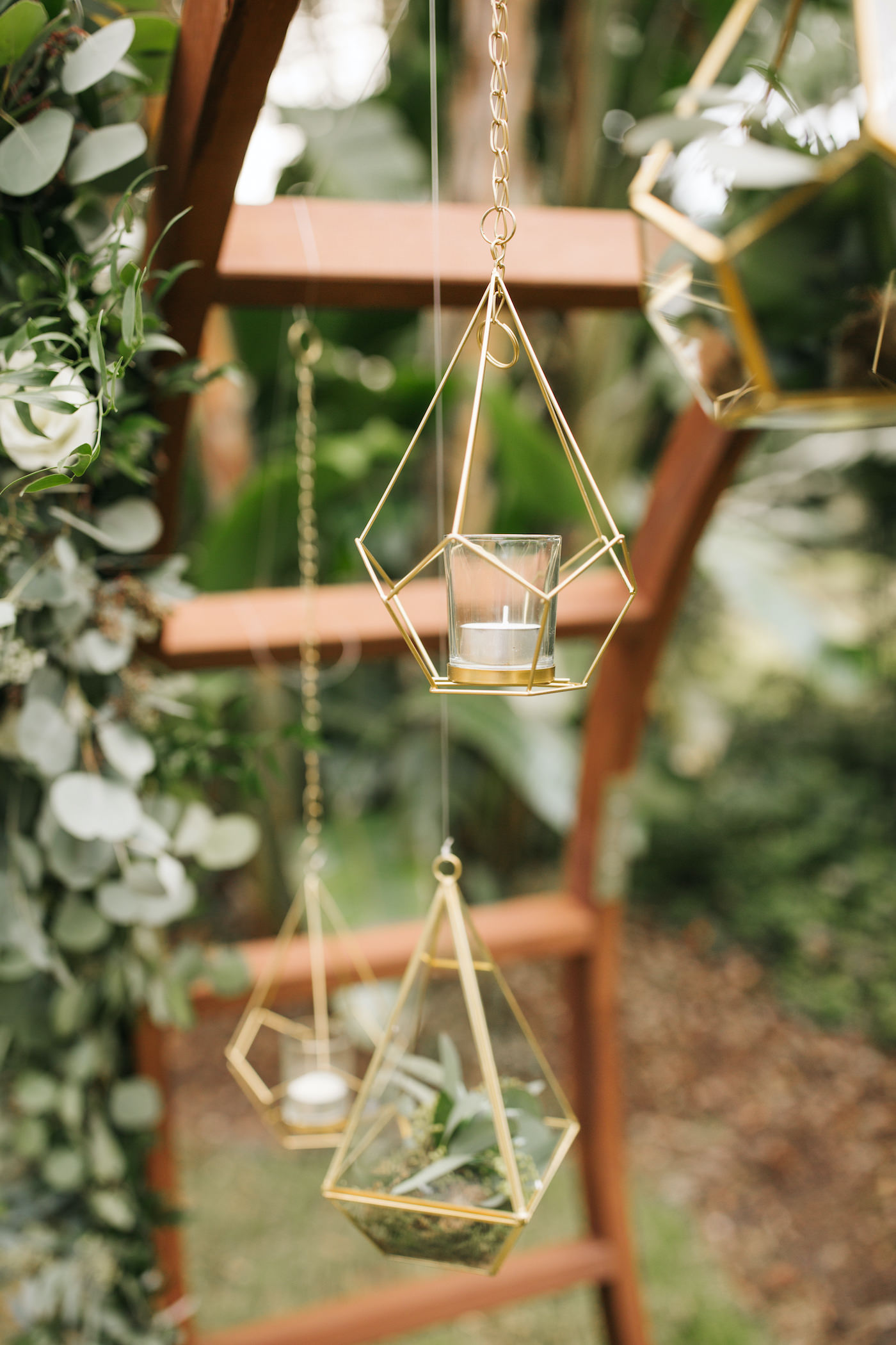 Boho Chic Wedding Ceremony Backdrop Round Wood Moon Arch with Suspended Gold Geometric Candles and Succulents