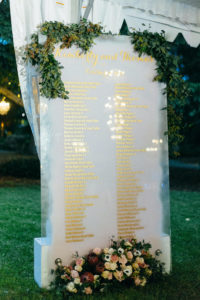 Romantic, Garden Inspired Wedding Reception Decor, Custom Etched Seating Chart with Gold Foil Printing, Luxurious Florals with Dark Red, Purple, White, Light Yellow, Blush Pink flowers and Greenery | Luxury Sarasota Wedding Planner NK Weddings | Marie Selby Botanical Gardens