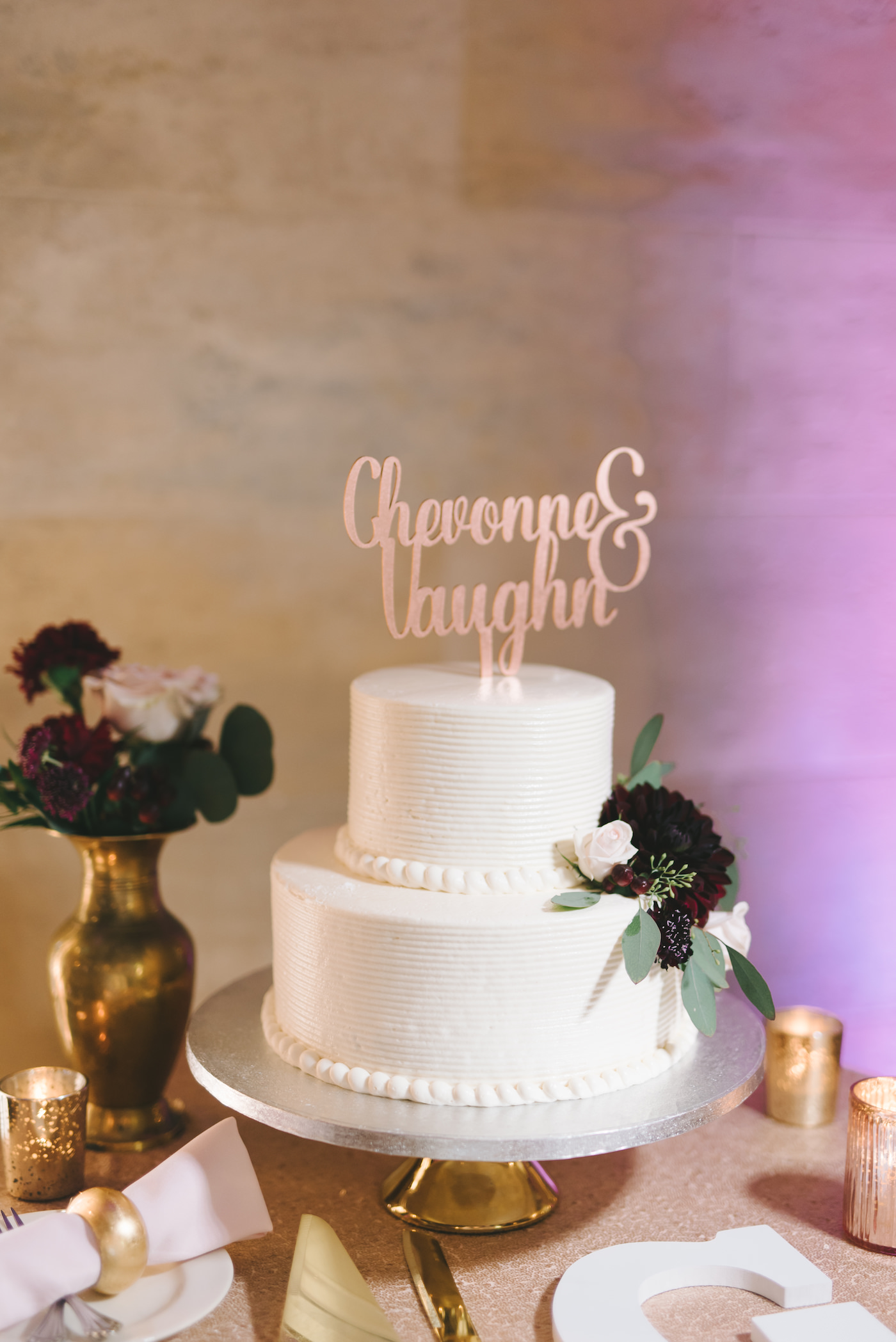 Romantic Wedding Cake and Table, Two Tier White Round Cake with Customized Gold Topper, Decorated with Burgundy Dark Red Floral, Blush Pink Roses, Gold Mercury Candles | Florida Wedding Planner Special Moments Event Planning | Sarasota Wedding Photographer Kera Photography