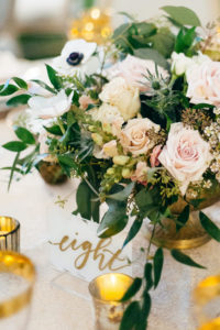 Elegant Florida Wedding Decor and Reception, Acrylic Calligraphy Table Numbers | Luxurious Blush Pink Florals and Greenery, Gold Table Setting Accents | Sarasota Wedding Planner NK Weddings | Marie Selby Botanical Gardens