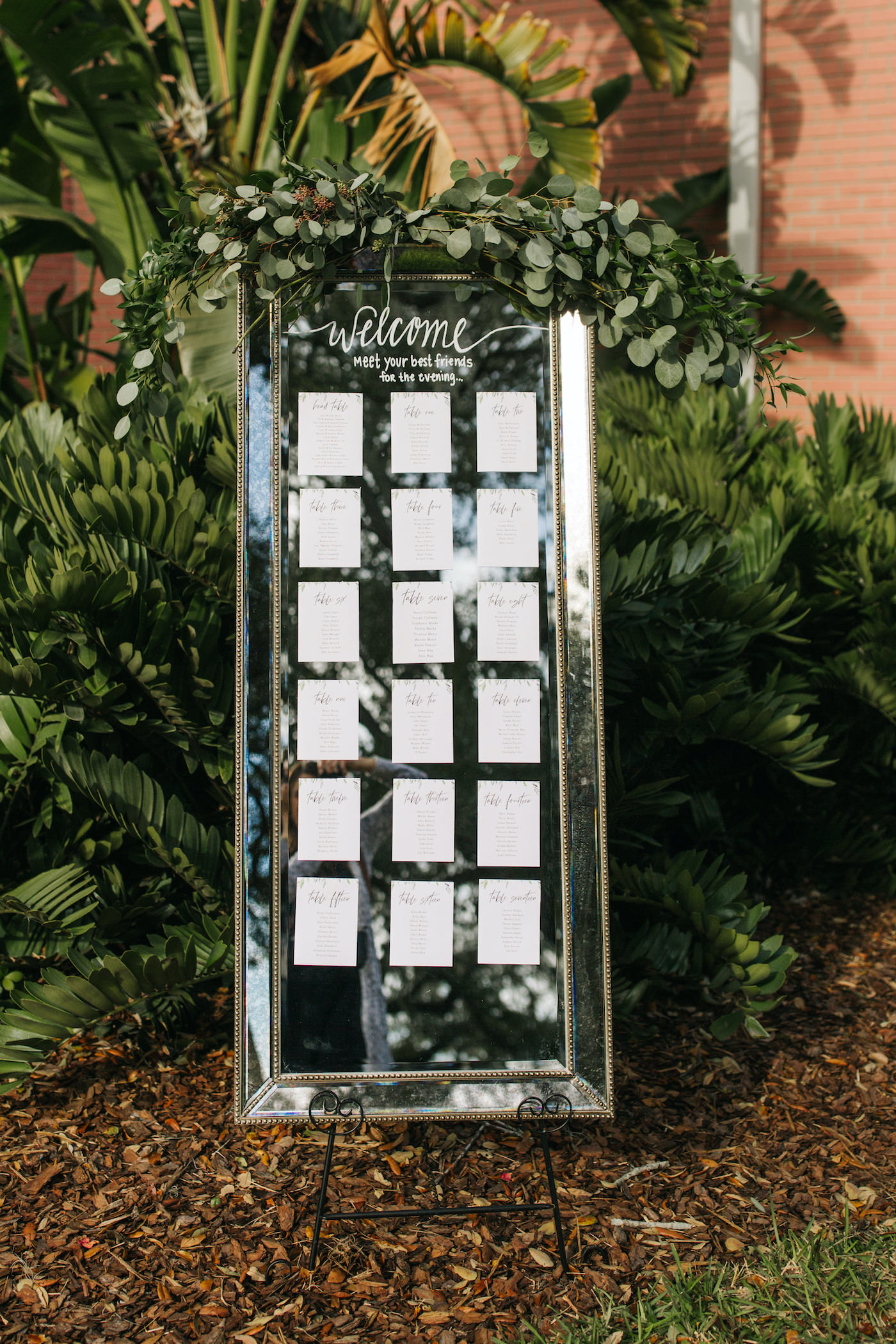 Wedding Seating Chart Mirror with Printed Table Cards and Eucalyptus Greenery Garland | Winsor Event Studio