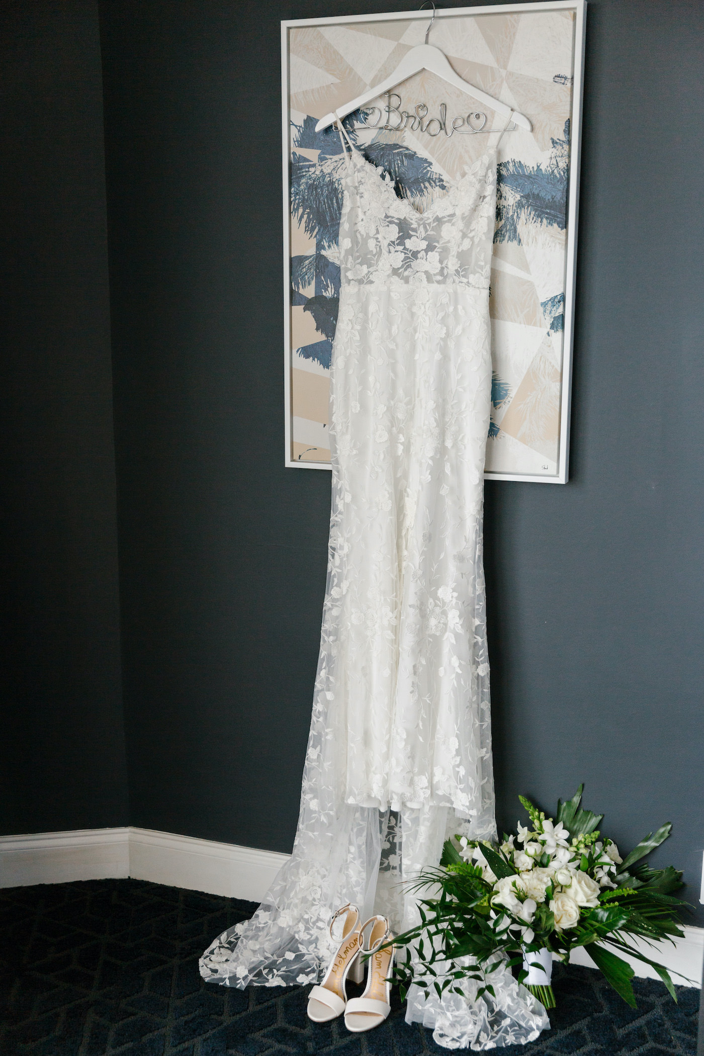 Florida Wedding Dress Hanger Shot | White Illusion Lace Spaghetti Strap Sheath V Neck Bridal Gown with Sheer Bodice