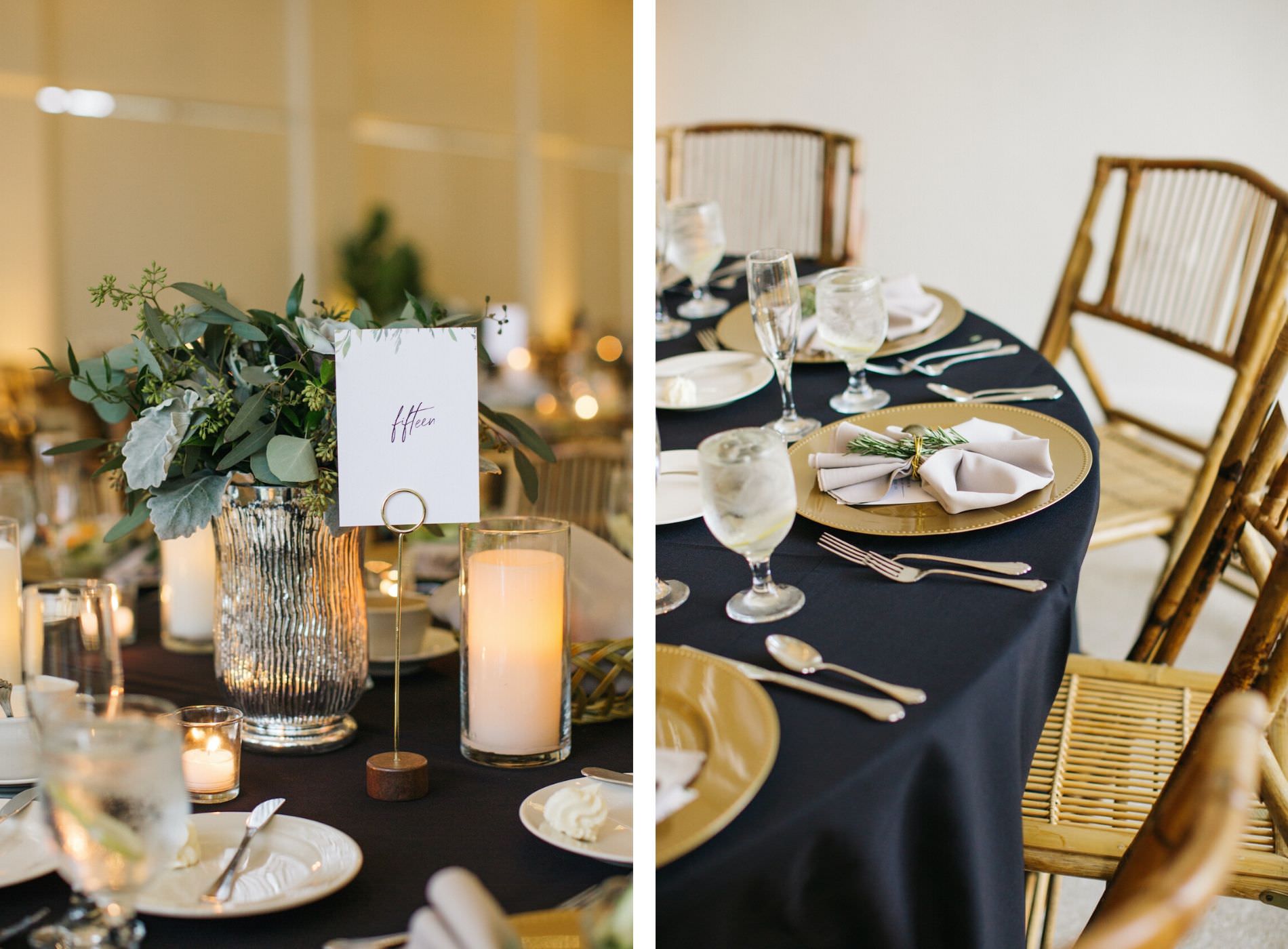 Black and White and Gold Wedding Reception with Natural Wood Bamboo Chairs and Place Setting with Black Table Linen and Gold Charger Plate and Taupe Napkin Fan accented with Fresh Rosemary Herb Sprig and Wedding Menu Card | Mercury Glass Vase Centerpiece with Repurposed Bridesmaid Bouquet of Eucalyptus Greenery and Candles