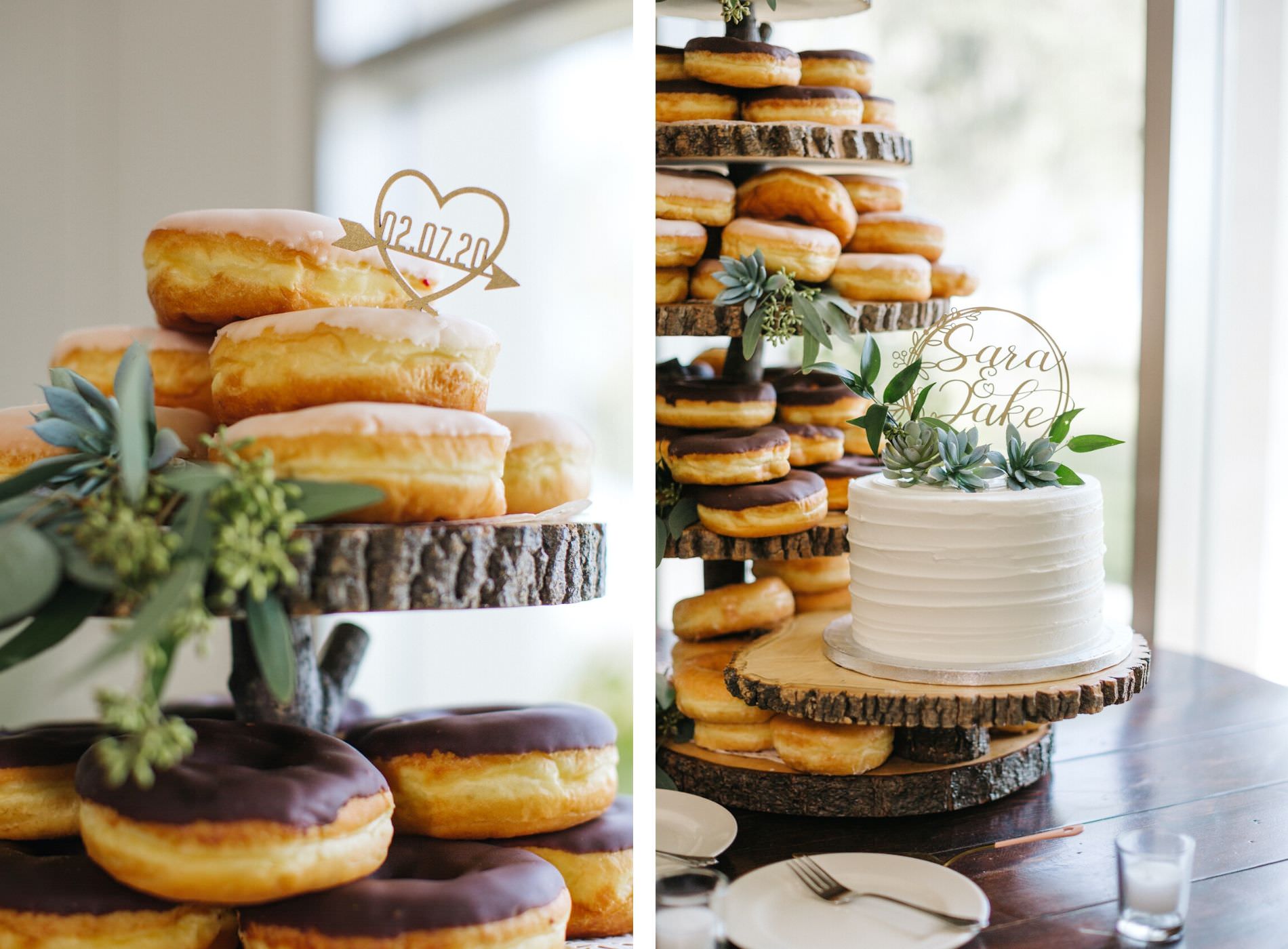 Unique Wedding Cake Table with Wood Stump Cake Stand and Donut Tower accented with Eucalyptus Greenery and Small One Tier Wedding Cake with Buttercream Icing topped with Succulents and Gold Die Cut Topper