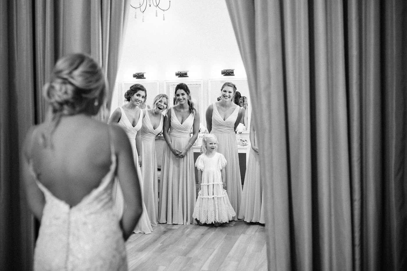 Bride and Bridesmaids First Look | Bride Wedding Gown Reveal with Bridesmaids | Black and White Wedding Photography