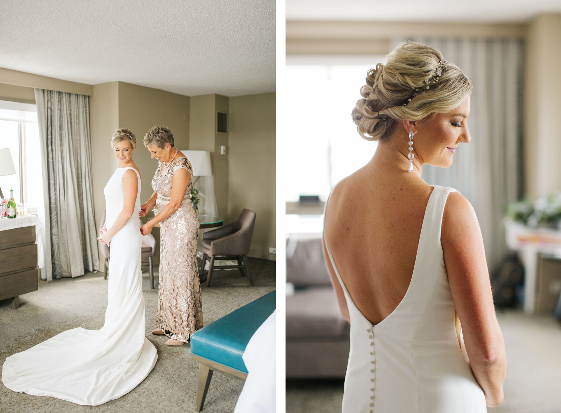Mom Helping Bride Get Dressed and Ready | Simple Sheath Ivory Crepe Bateau Neck Low Back Bridal Gown by Theia | Michele Renee the Studio