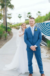 Florida Bride and Groom First Look Wedding Portrait, Groom in Blue Suit