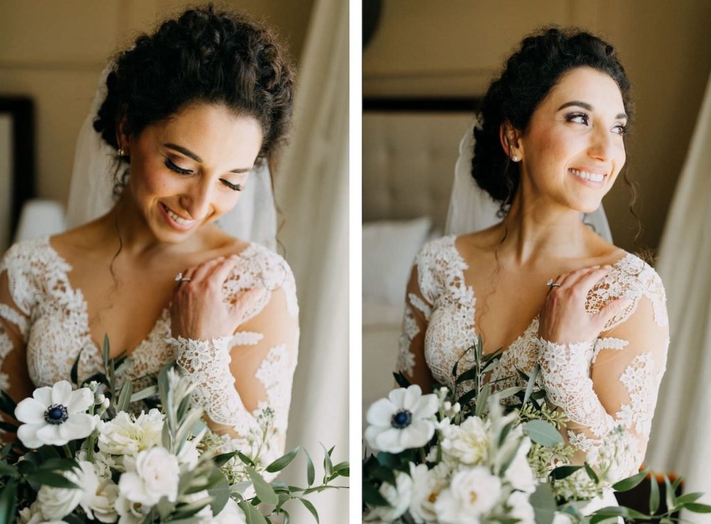 Classic Tampa Bay Bridal Portrait, Bride in Timeless White Illusion Lace Long Sleeve Martina Liana Wedding Dress Holding Classic White Anemone Floral Bouquet with Greenery | Tampa Bay Wedding Hair and Makeup Artist Femme Akoi Beauty Studio | Florida Wedding Venue The Hotel Zamora