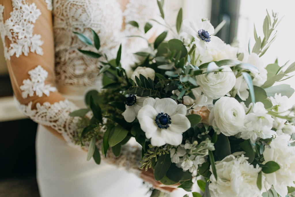 Classic Florida Wedding Bouquet, White Anemone Flowers with Ivory Peonies and Lush Greenery | Tampa Bay Wedding Planner Blue Skies Weddings and Events