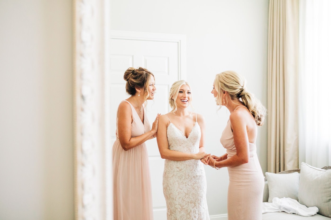 Bride and Bridesmaids Getting Ready | Nude Champagne Bridesmaid Dresses | Champagne and Ivory Lace Wedding Gown