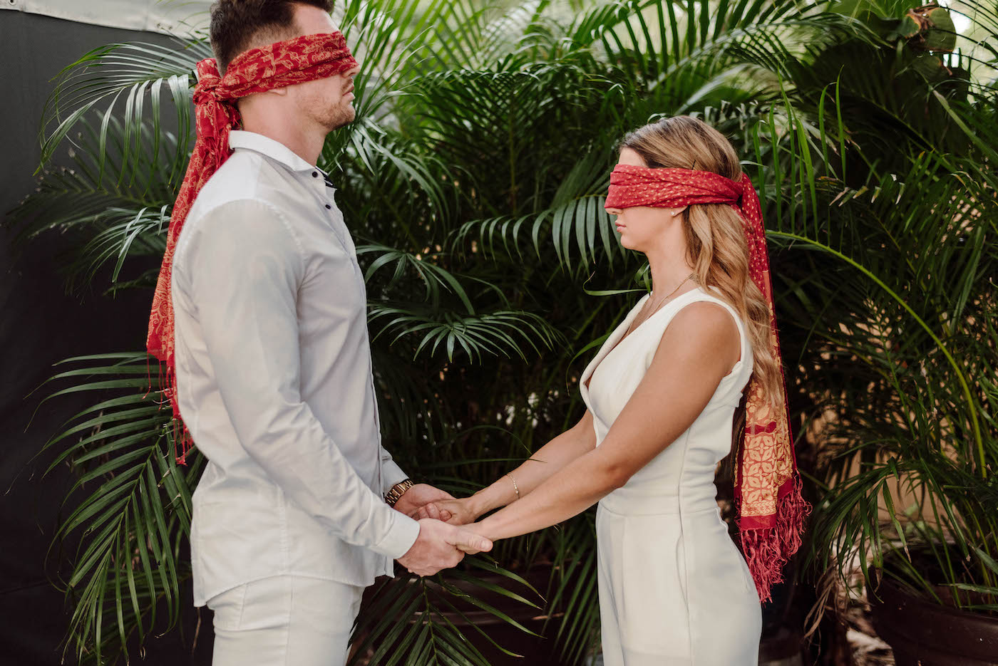 COVID Wedding Elopement Ceremony with Blindfold for Bride and Groom First Look Touch