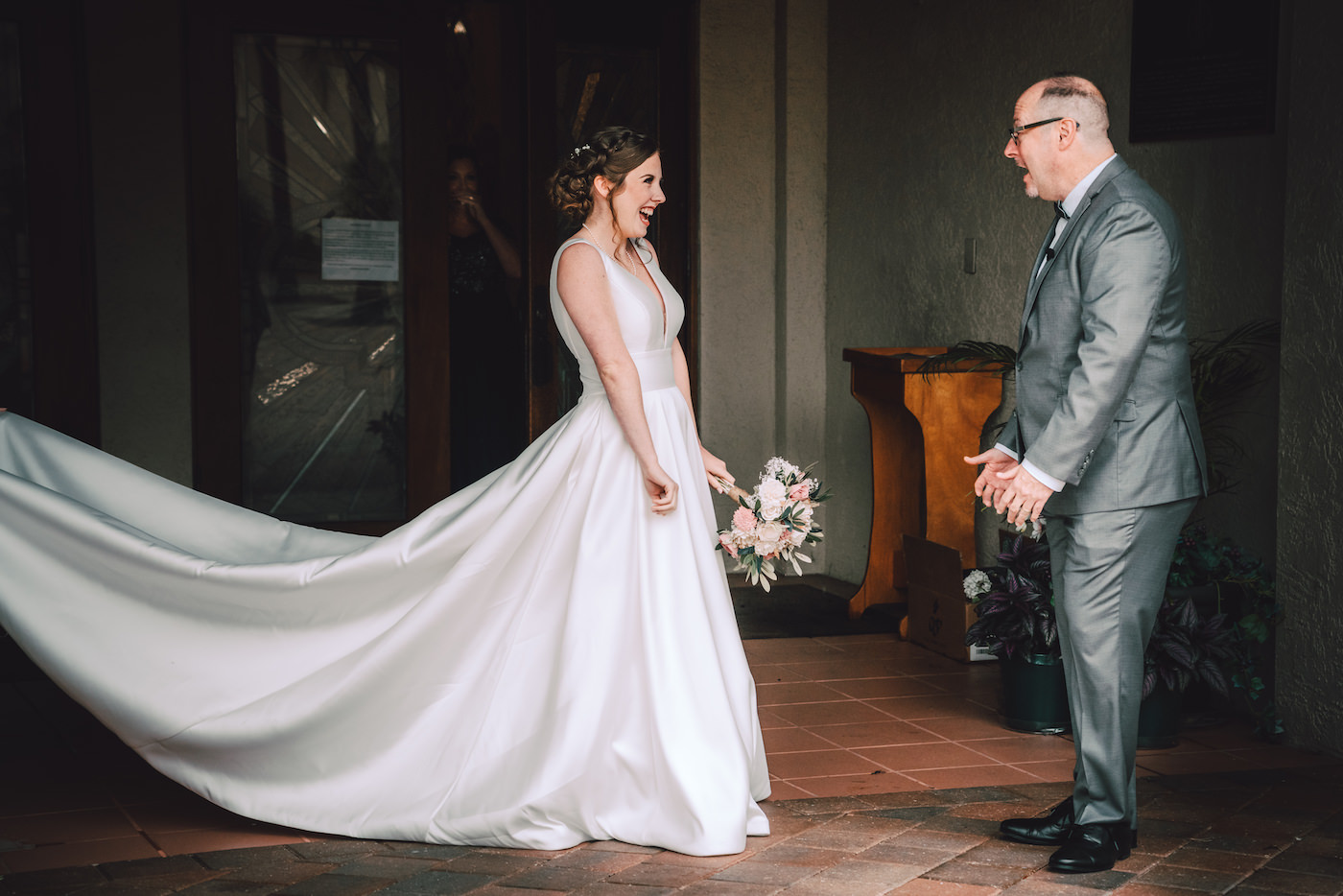 Bride and Dad First Look | Stella York Satin V Neck Simple Classic Low Back Bridal Gown A Line Ballgown